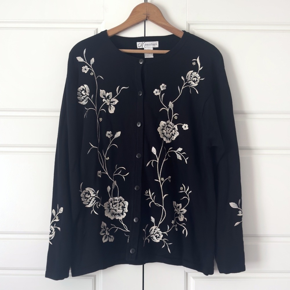 Vintage  Dressbarn  Floral Embroidered Cardigan Sweater XL Black Beads  Dainty